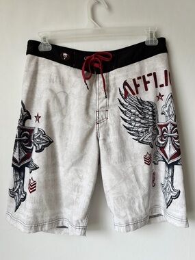 Affliction Mens Board Shorts White Black Red Cross Wings Graphic Size 33 Y2K MMA